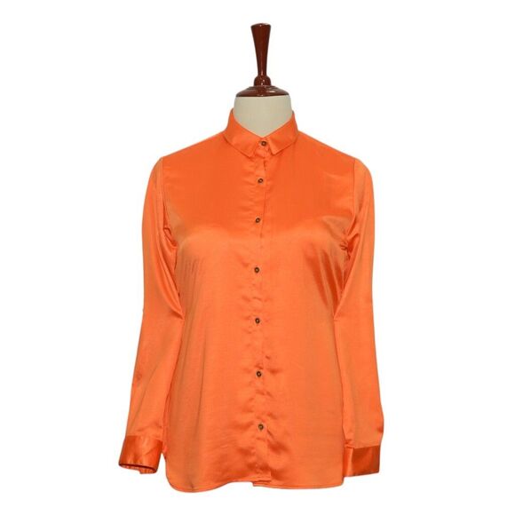 Womens Silky Satin Shirt Orange Blouse Button Up Casual Dressy Top Medium Work - Picture 1 of 7
